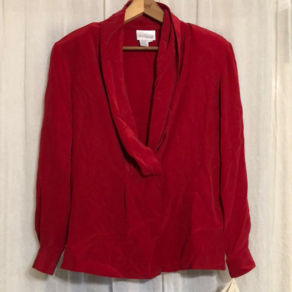 NWT Vintage Nordstrom Red Silk V Neck Blouse